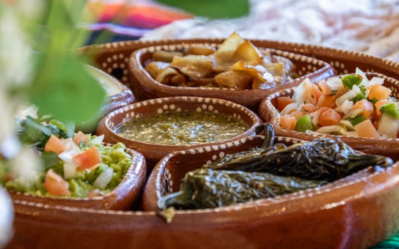 Mexican-style appetizer display featuring guacamole, salsa, roasted peppers, tortilla chips, and fresh toppings served in traditional ceramic dishes at an event at The Pavilion at Haggin Oaks in Sacramento.
